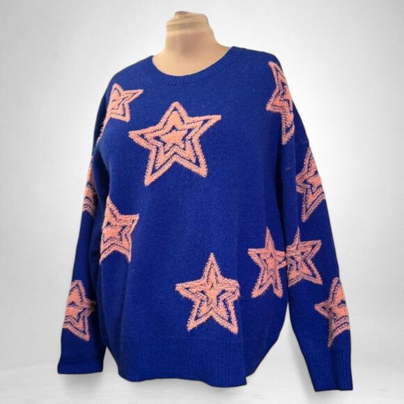 FANTASTIC FAWN Oversized Royal Blue and Pink All Over Star Sweater, NWOT! Large - Picture 3 of 9